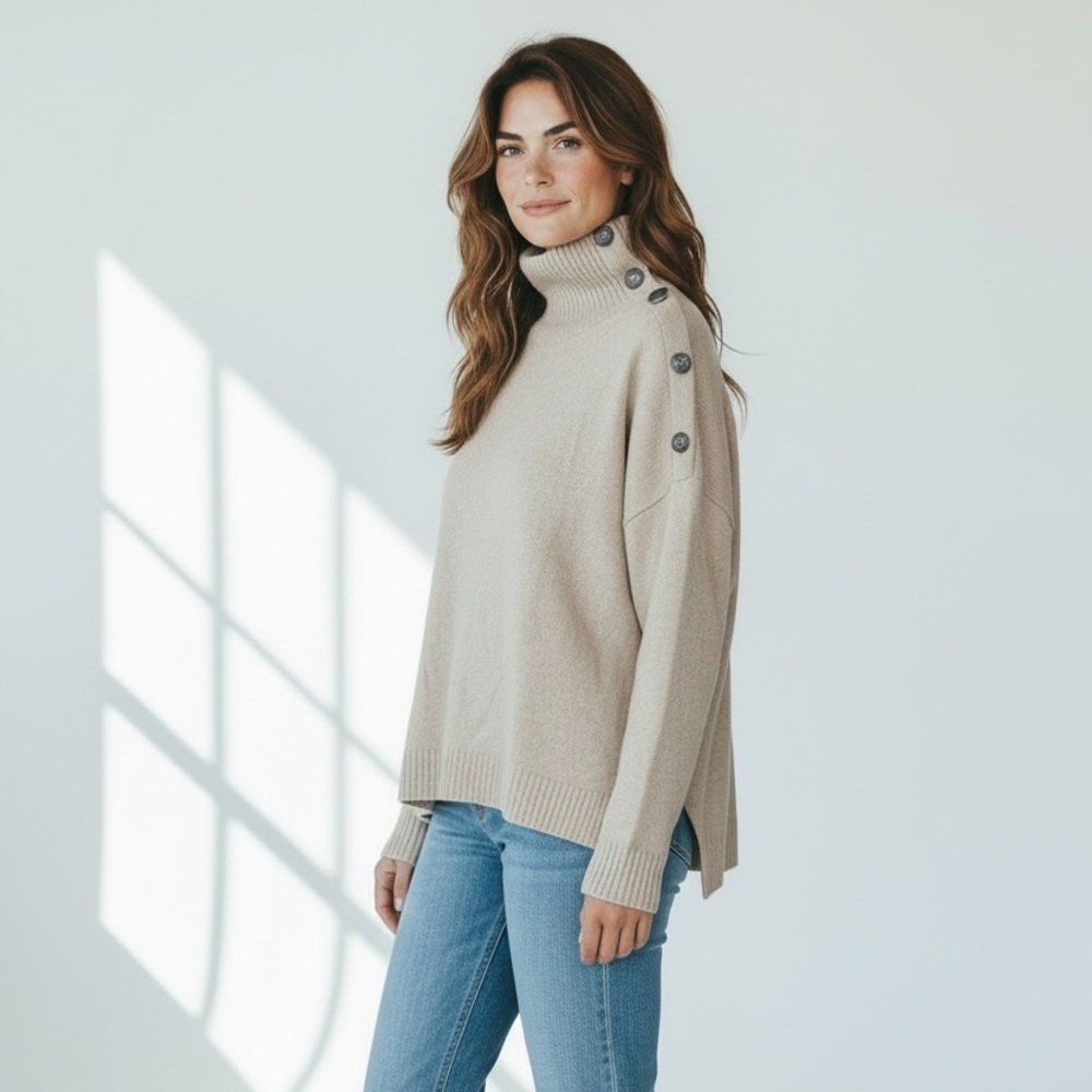 NWT The Kooples‎ Wool Cashmere Sweater Button Shoulder Turtleneck Beige Designer